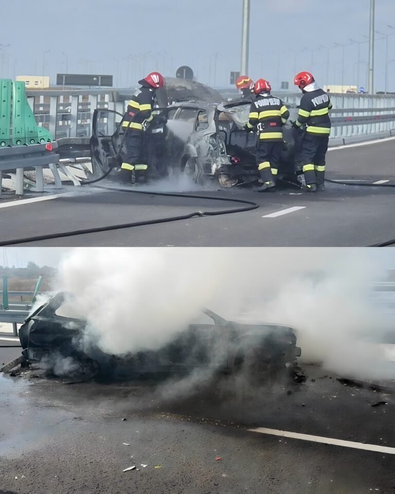 Mașină în flăcări pe DEx 12, după impact cu parapetul. Doi ocupanți s-au autoevacuat