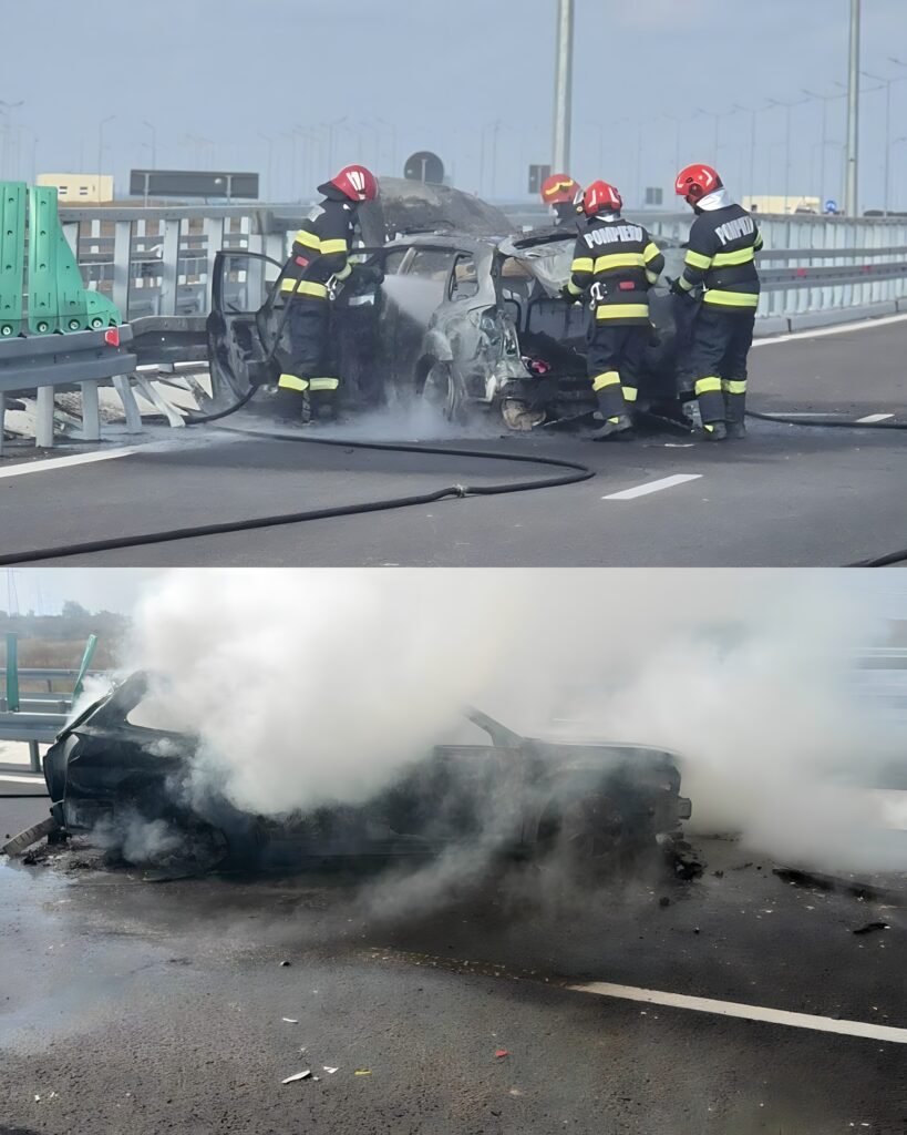 Mașină în flăcări pe DEx 12, după impact cu parapetul. Doi ocupanți s-au autoevacuat