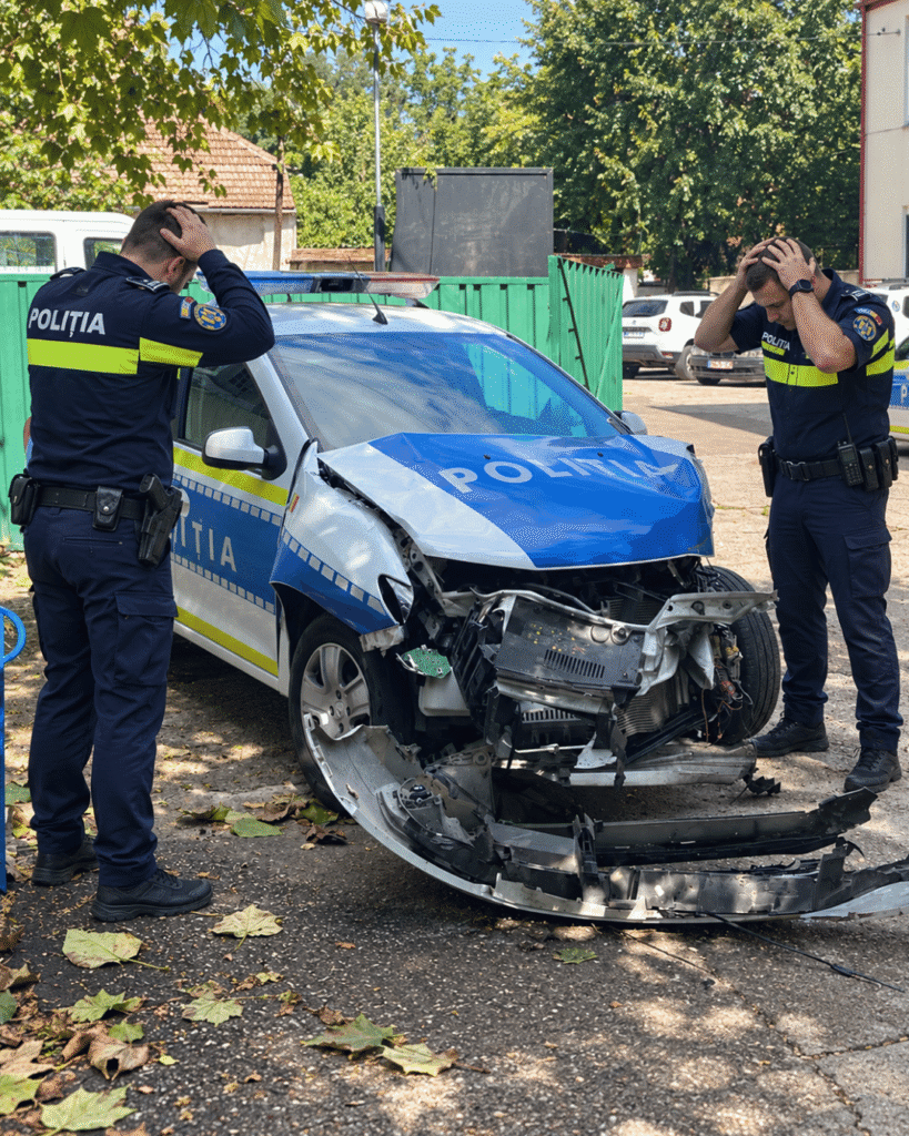 Mașină de poliție, accident grav la intersecție cu cinci persoane rănite